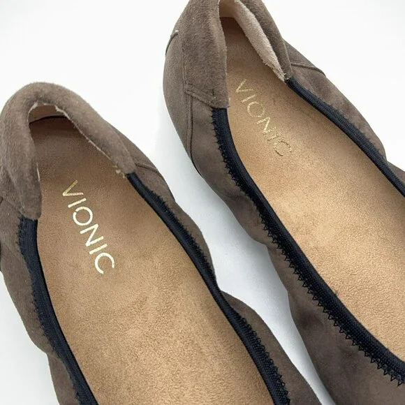Vionic Orthotic Suede Ballet Flats Natalia Dark Taupe Black Trim Support Sz 9 - Picture 3 of 9